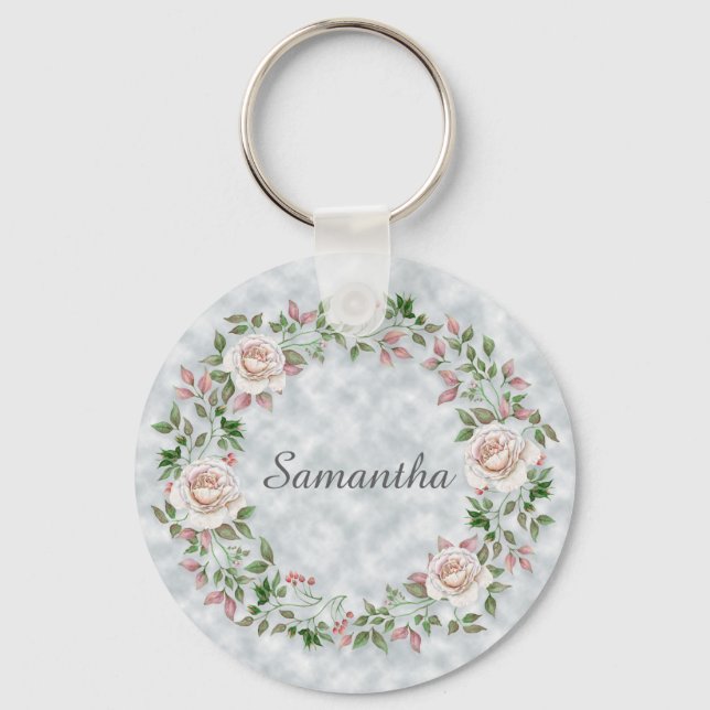 Pink Floral Rose Wreath and Leaves on Light Blue Key Ring (Front)