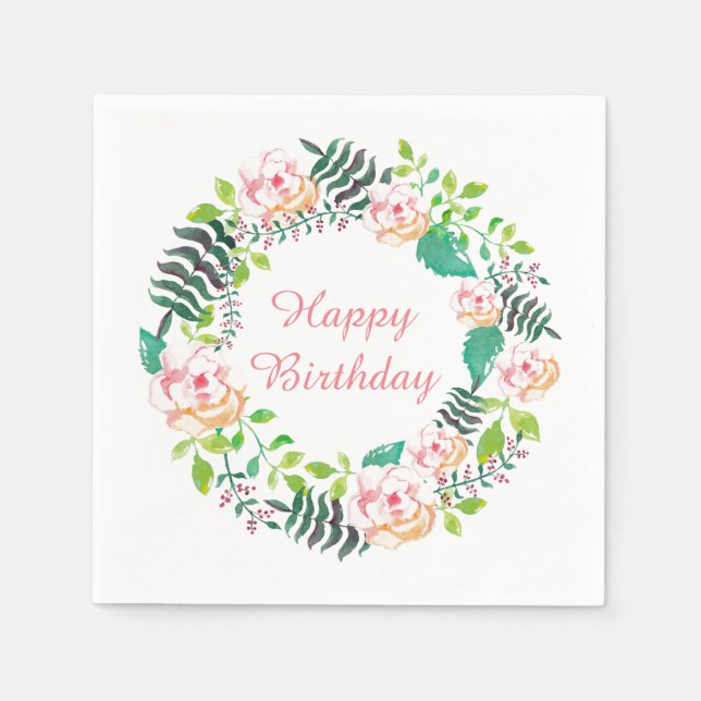 Pink Floral Rose Wreath Happy Birthday Napkin (Front)
