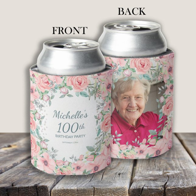 Pink Floral Roses 100th Birthday Name Photo Can Cooler (Pink floral photo can cooler personalized with your photo and text.)