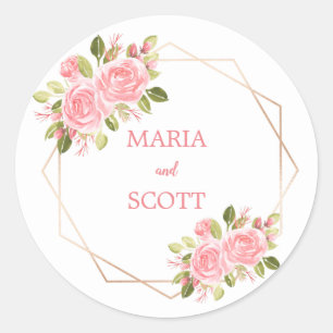 Pink Floral Roses and Gold Foil Wedding Sticker