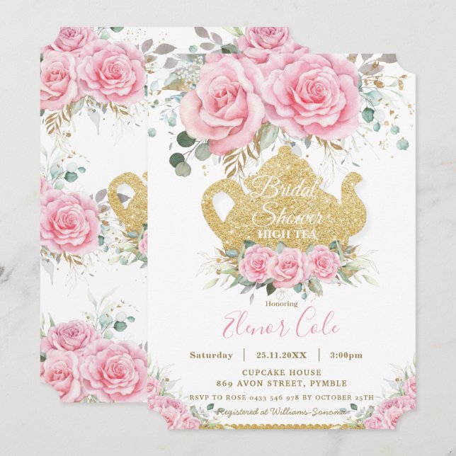 Pink Floral Roses Bridal Shower High Tea Party  Invitation (Front/Back)