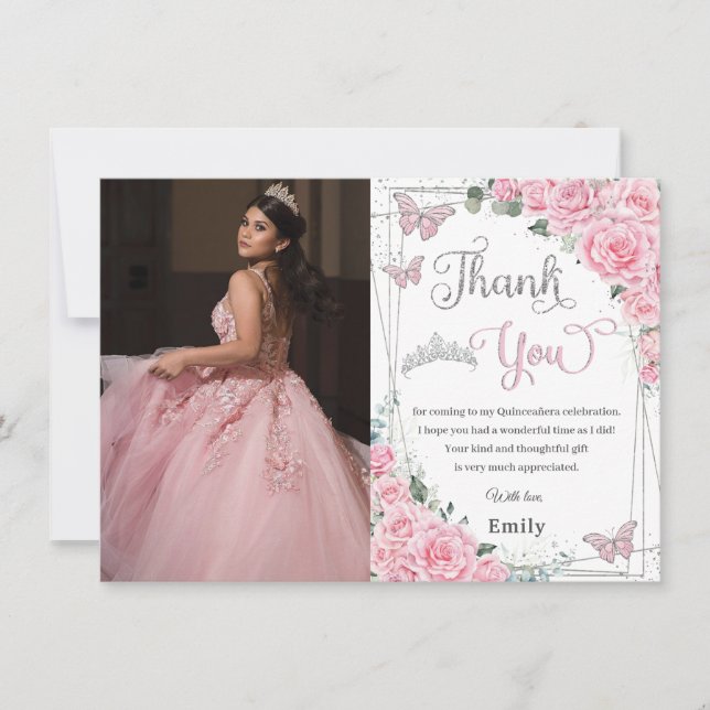 Pink Floral Roses Butterfly Sweet 16 Quinceañera  Thank You Card (Front)