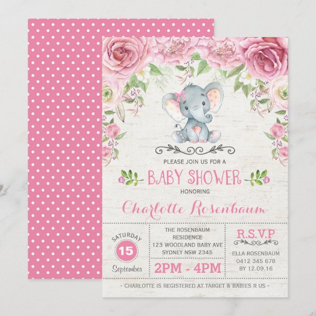 Pink Floral Roses Elephant Baby Shower Invitation (Front/Back)