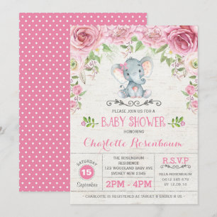 Pink Floral Roses Elephant Baby Shower Invitation