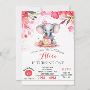 Pink Floral Roses Elephant Birthday Party Invitation