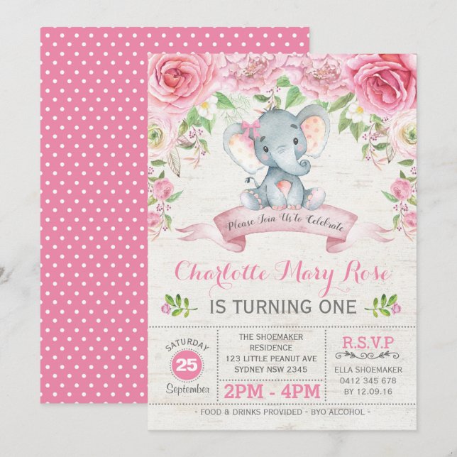 Pink Floral Roses Elephant Birthday Party Invite (Front/Back)