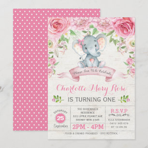 Pink Floral Roses Elephant Birthday Party Invite