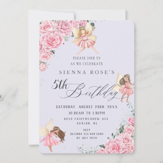 Pink Floral Roses Fairies Arch Birthday Photo  Invitation (Front)