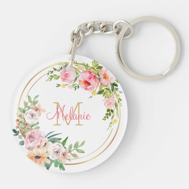 Pink Floral Roses - Gold Frame - Personalised Key Ring (Back)