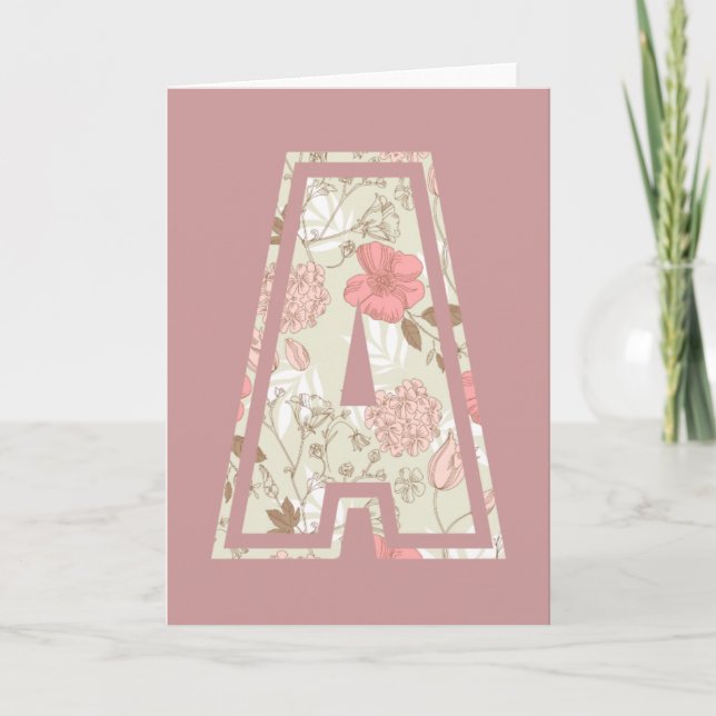 Pink Floral Roses Monogram Letter A Note Card (Front)