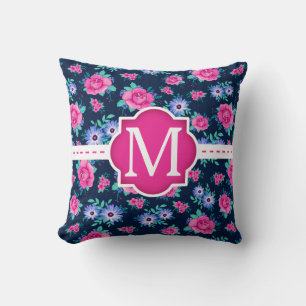 Pink Floral Roses Pattern Custom Monogram Cushion