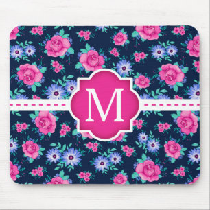 Pink Floral Roses Pattern Custom Monogram Mouse Mat