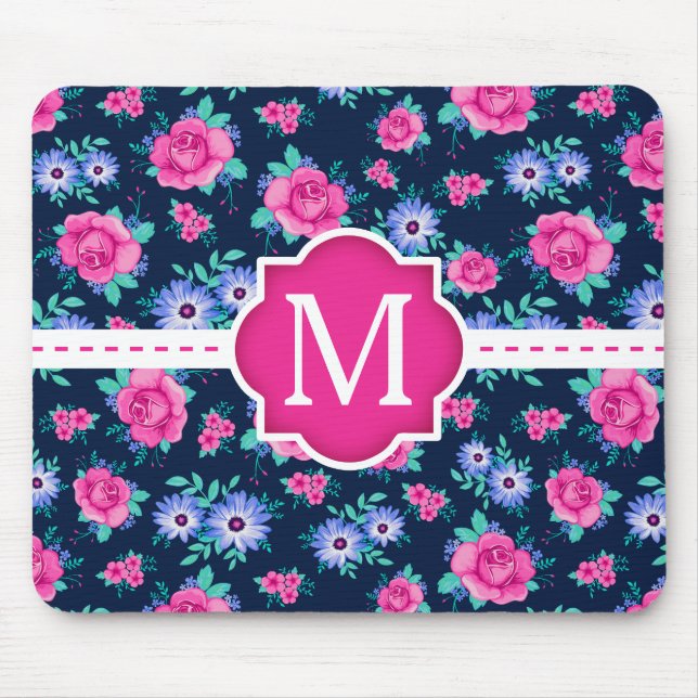Pink Floral Roses Pattern Custom Monogram Mouse Mat (Front)