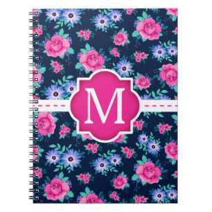 Pink Floral Roses Pattern Custom Monogram Notebook