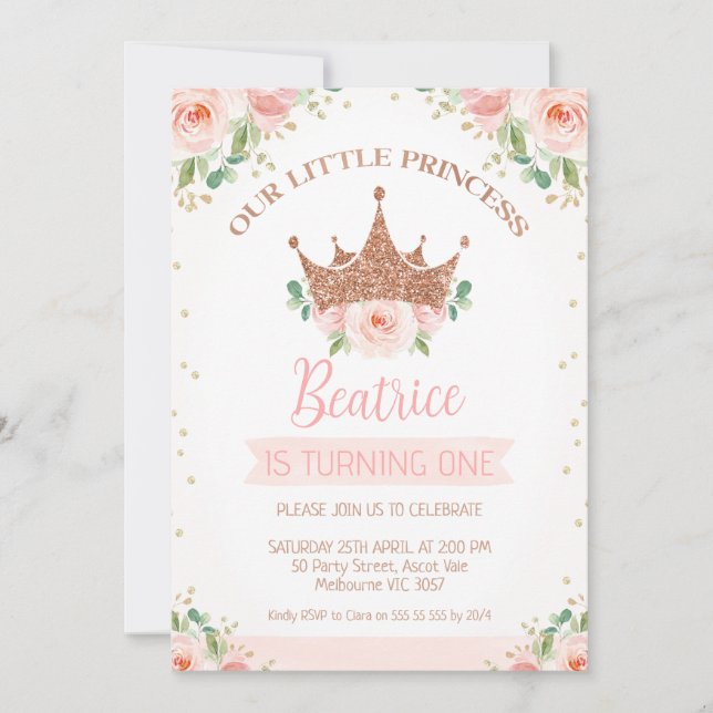 Pink Floral Roses Princess Crown 1st Birthday Invitation (Front)