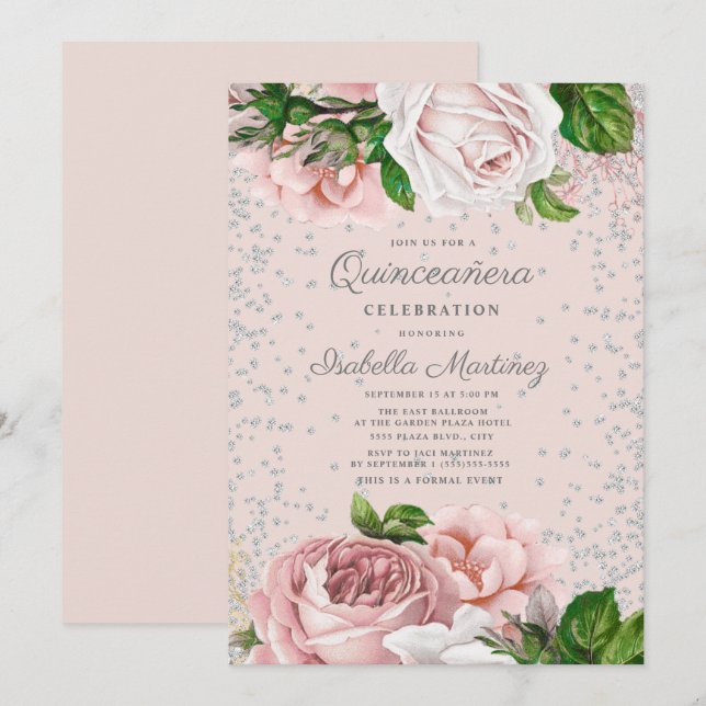 Pink Floral Roses Silver Glitter Quinceañera Invitation (Front/Back)