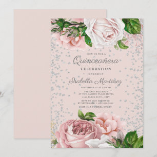 Pink Floral Roses Silver Glitter Quinceañera Invitation