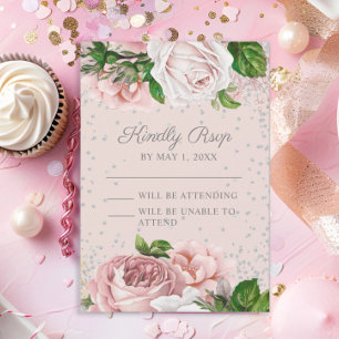 Pink Floral Roses Silver Glitter RSVP Card