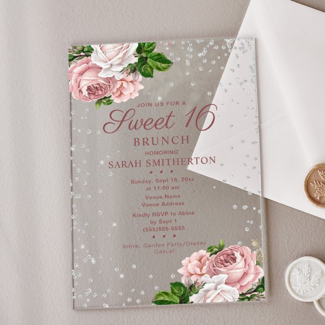Pink Floral Roses Silver Glitter Sweet 16 Brunch Acrylic Invitations (Elegant blush pink vitnage floral Sweet 16 Brunch invitation)