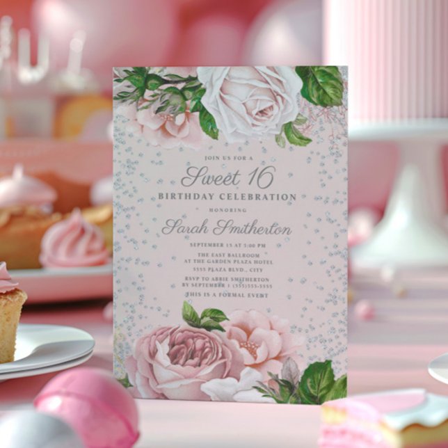 Pink Floral Roses Silver Glitter Sweet 16 Invitation (Blush pink roses and silver glitter Sweet 16 invitation)