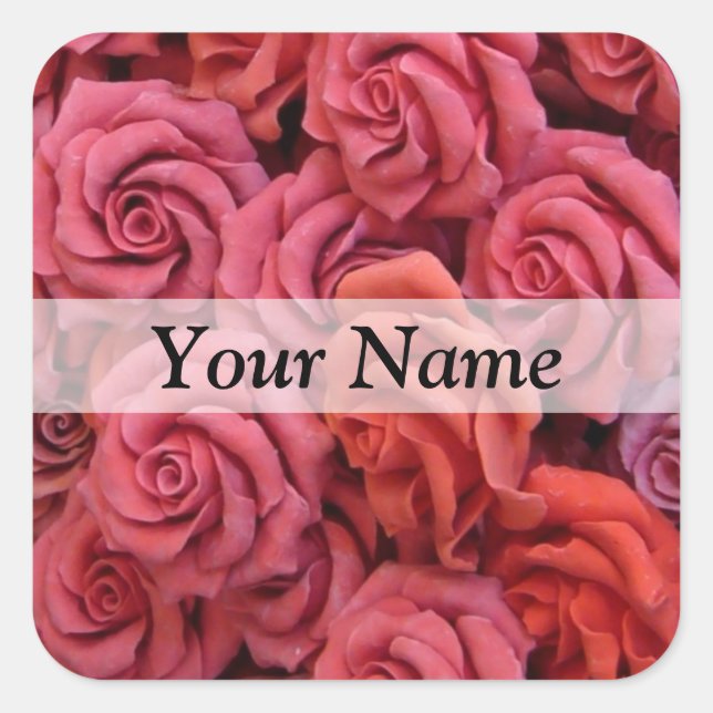 Pink floral roses square sticker (Front)