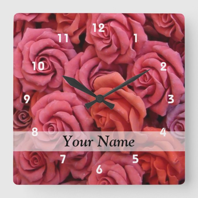 Pink floral roses square wall clock (Front)
