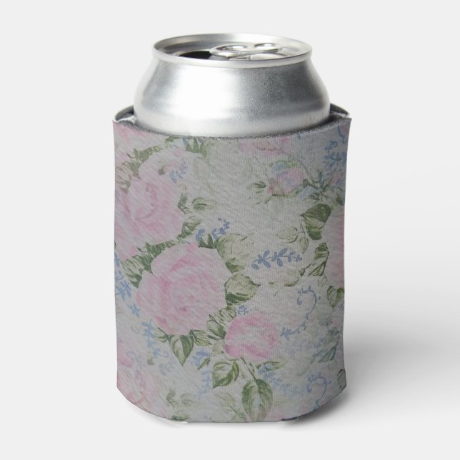 Pink Floral Roses Vintage Can Cooler (Can Front)