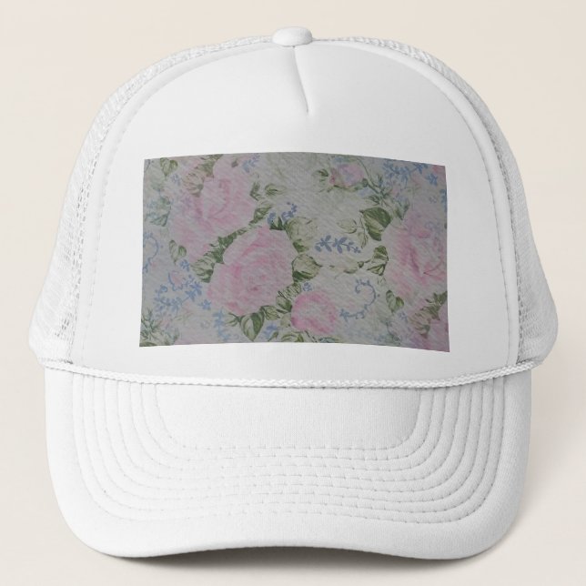 Pink Floral Roses Vintage Trucker Hat (Front)