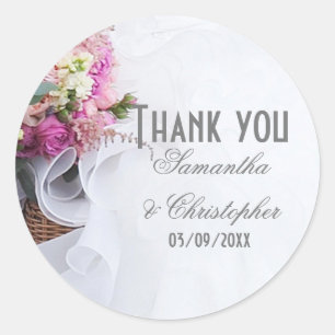 Pink floral roses wedding dress thank you classic round sticker