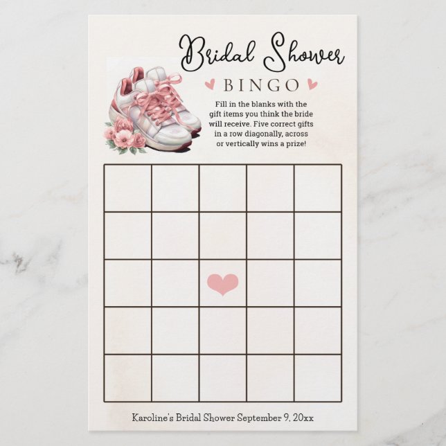 Pink Floral Runner Themed Bridal Shower Bingo Game (Front)