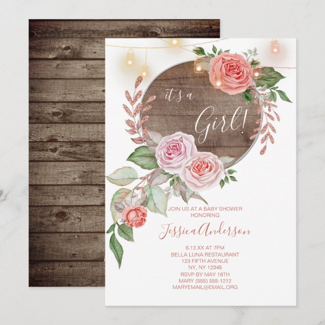 Pink Floral Rustic Baby Shower Invitation (Front/Back)