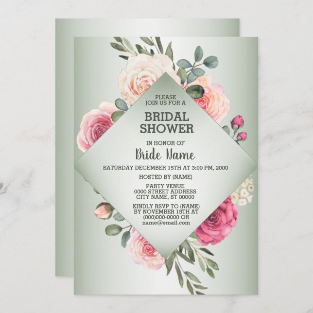 Pink Floral Rustic Geometric Green Bridal Shower Invitation (Front/Back)