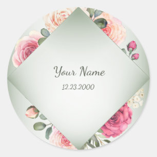 Pink Floral Rustic Geometric Green Party Classic Round Sticker