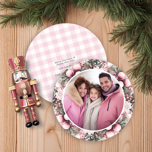 Pink Floral Rustic Gingham Plaid Holiday Photo (Pink Floral Rustic Gingham Plaid Holiday Photo Round Christmas Card)