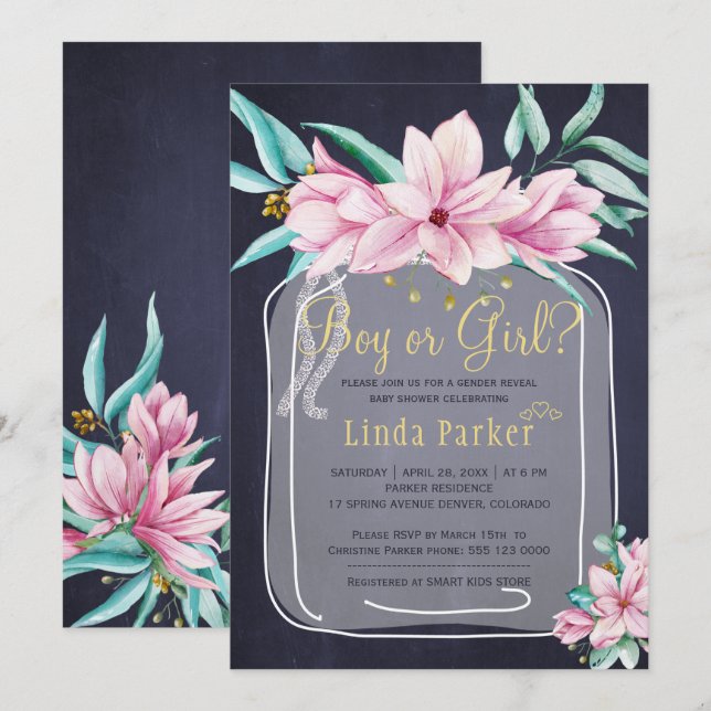 Pink floral rustic gold mason jar gender reveal invitation (Front/Back)