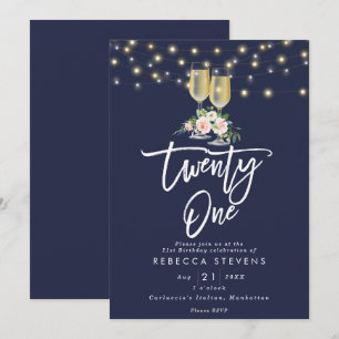 pink floral rustic navy lights 21st birthday invitation