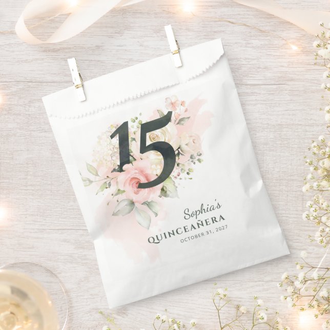 Pink Floral Rustic Quinceanera 15th Birthday Party Favour Bags (Clipped)