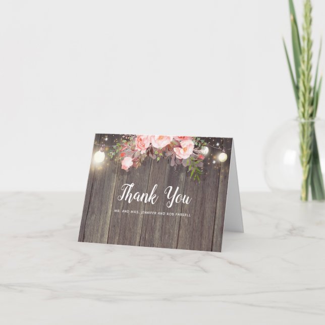 Pink Floral Rustic Wedding Thank You (Front)