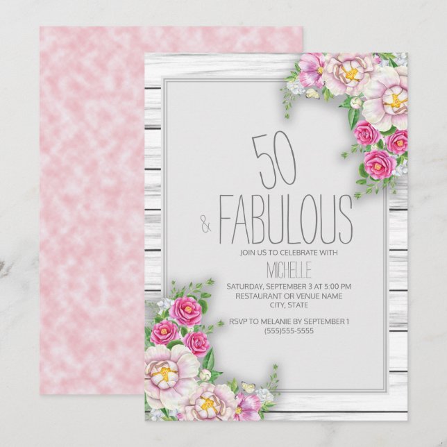 Pink Floral Rustic Wood 50th Birthday Invitation (Front/Back)