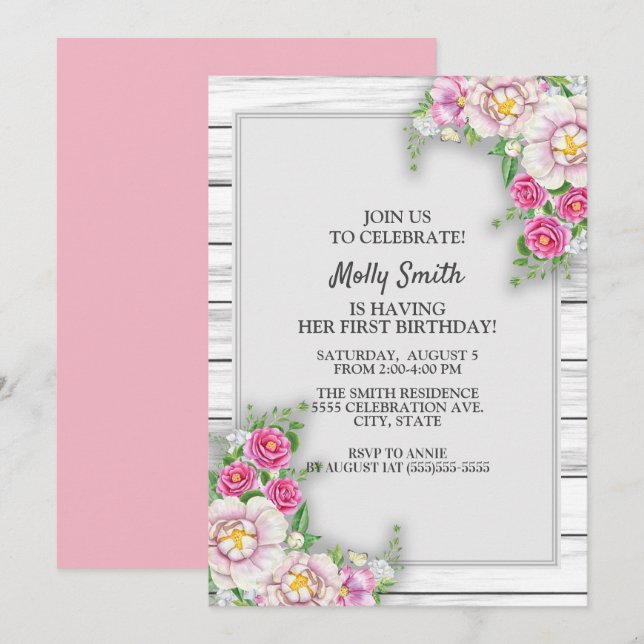 Pink Floral Rustic Wood Baby Girl First Birthday Invitation (Front/Back)