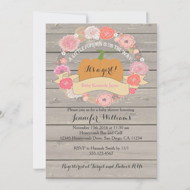 Pink Floral Rustic Wood Baby Shower Invitations (Front)