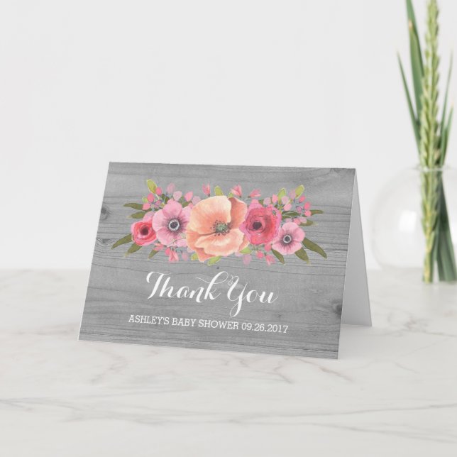 Pink Floral Rustic Wood Baby Shower Thank You Card (Front)