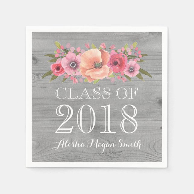 Pink Floral Rustic Wood Class of 2018 Graduation Napkin (Front)