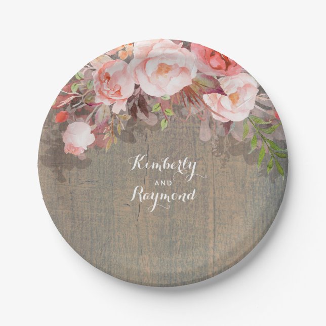 Pink Floral Rustic Wood Country Wedding Paper Plate (Front)