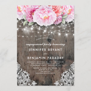 Pink Floral Rustic Wood Lace Engagement Party Invitation