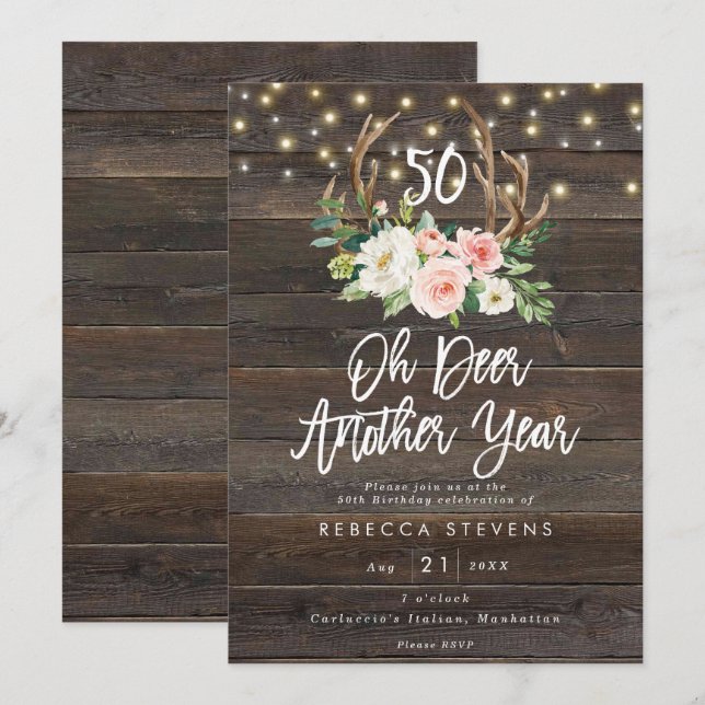 pink floral rustic wood lights 50th birthday invitation (Front/Back)