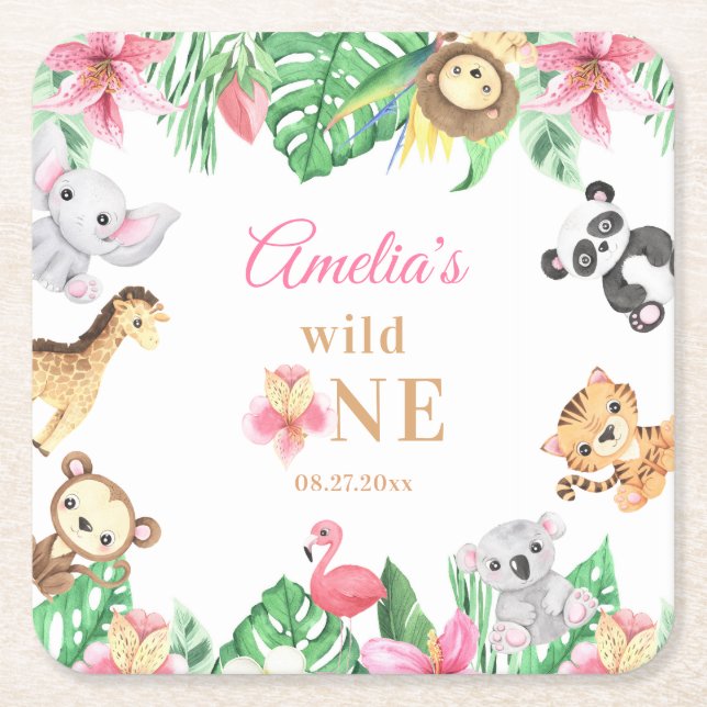 Pink Floral Safari Animals Birthday Square Paper Coaster (Front)