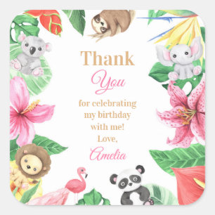 Pink Floral Safari Animals Birthday Thank You Square Sticker