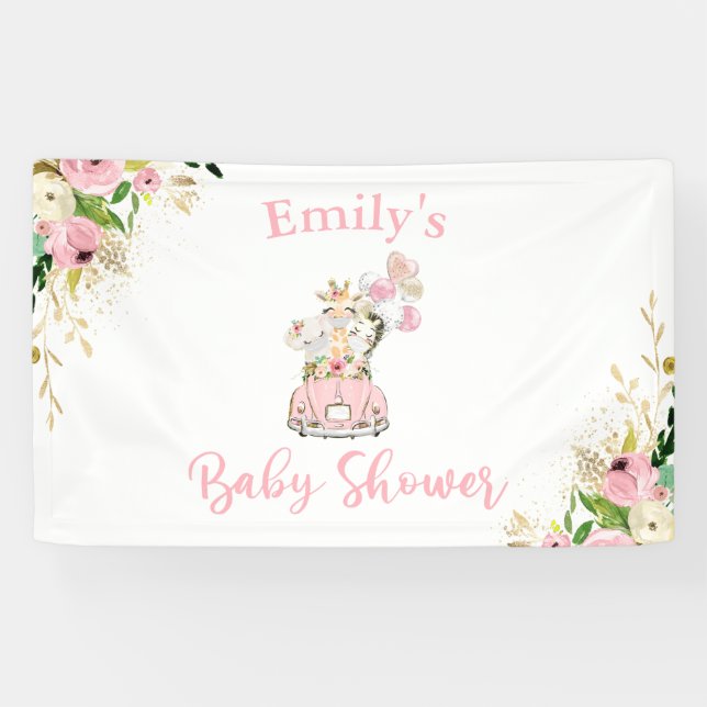 Pink Floral Safari Animals Drive By Baby Shower Banner (Horizontal)