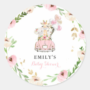 Pink Floral Safari Animals Drive By Baby Shower Classic Round Sticker